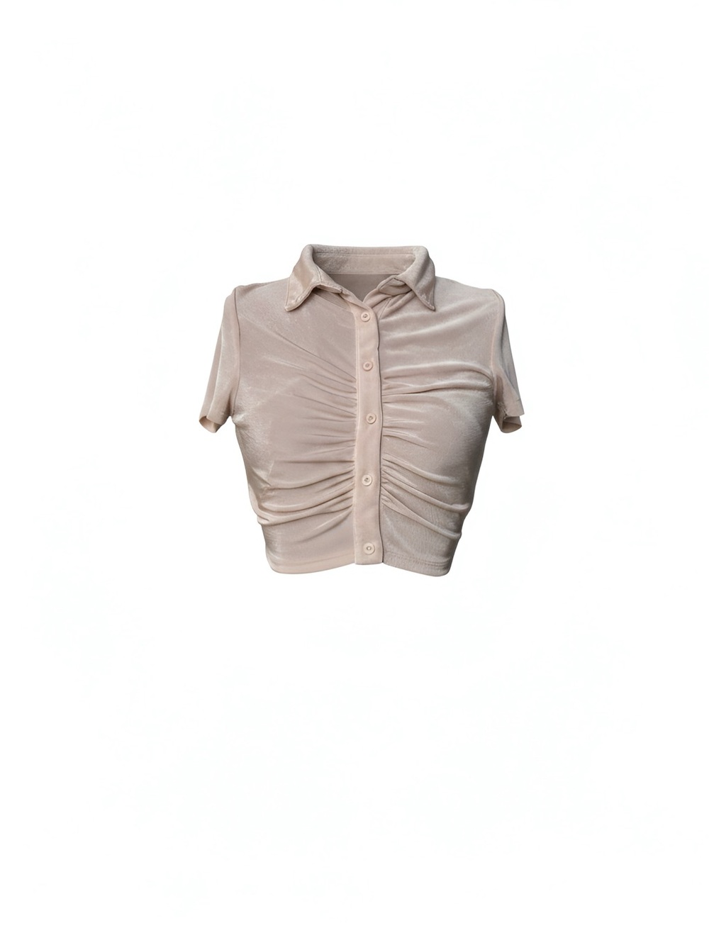 Wet Seal Shimmery Ruched Cropped Button-Down Top in Beige